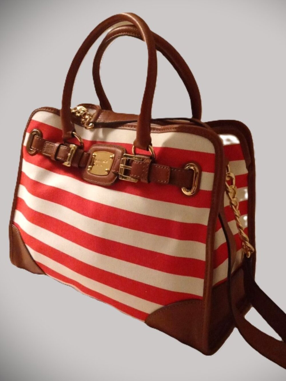 Michael Kors Hamilton Large Mandarin/White Striped Canvas Tote